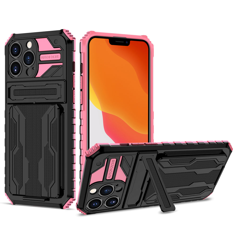 iPhone 13 Pro Heavy Duty Kickstand Case Shockproof Card Holder PINK