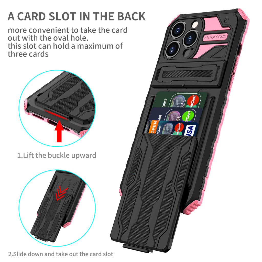 iPhone 13 Pro Heavy Duty Kickstand Case Shockproof Card Holder PINK