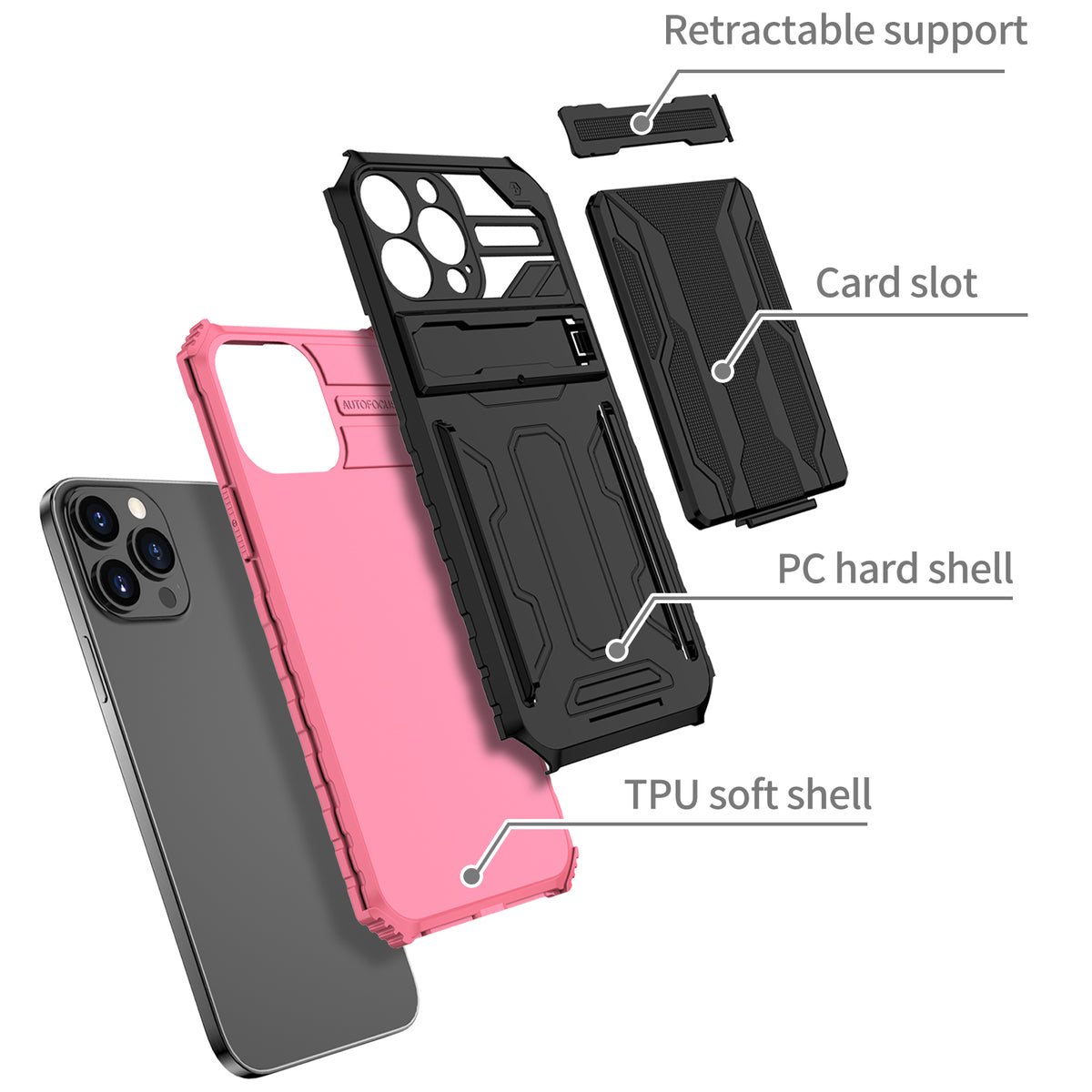 iPhone 13 Pro Heavy Duty Kickstand Case Shockproof Card Holder PINK