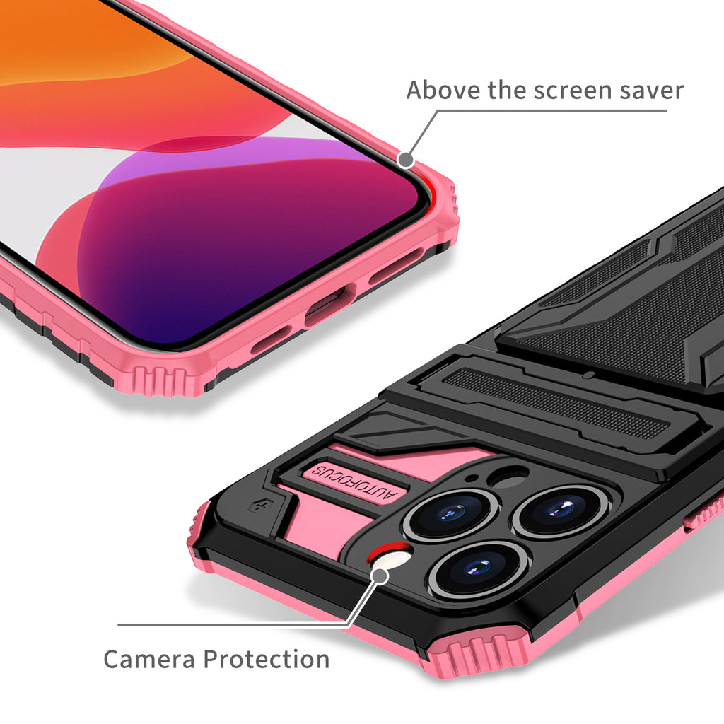 iPhone 13 Pro Heavy Duty Kickstand Case Shockproof Card Holder PINK