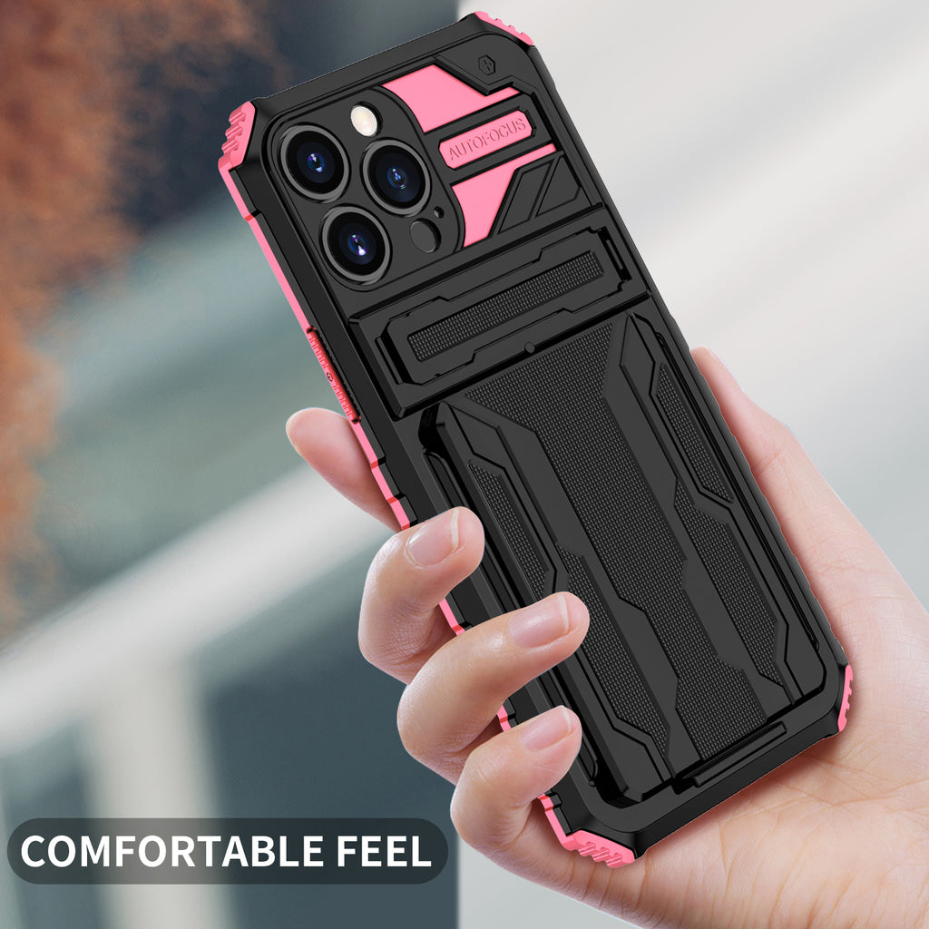 iPhone 13 Pro Heavy Duty Kickstand Case Shockproof Card Holder PINK