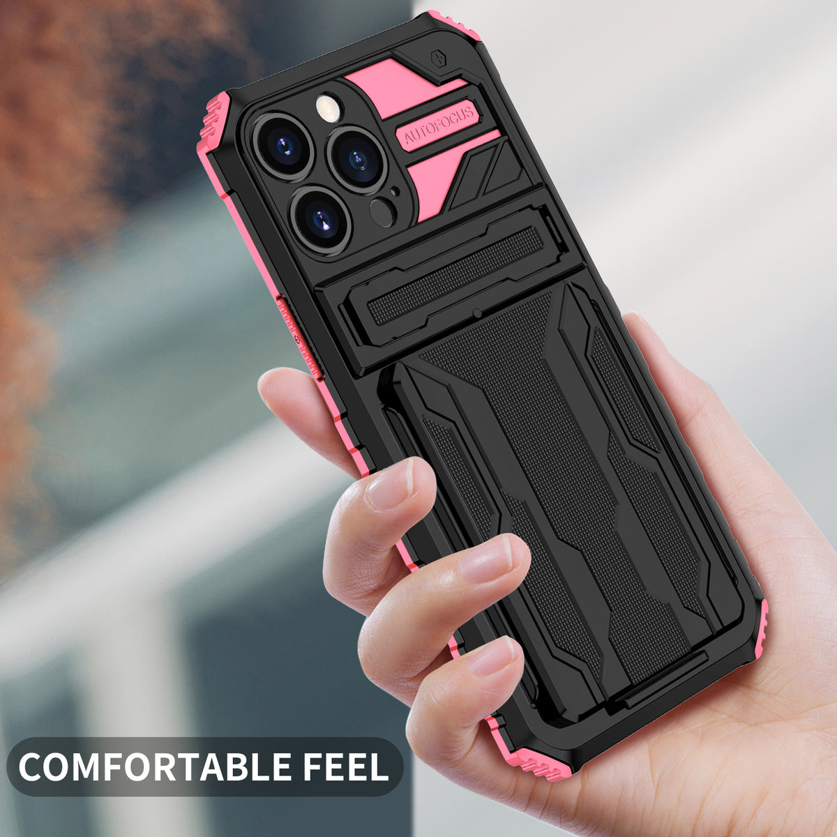 iPhone 13 Pro Heavy Duty Kickstand Case Shockproof Card Holder PINK