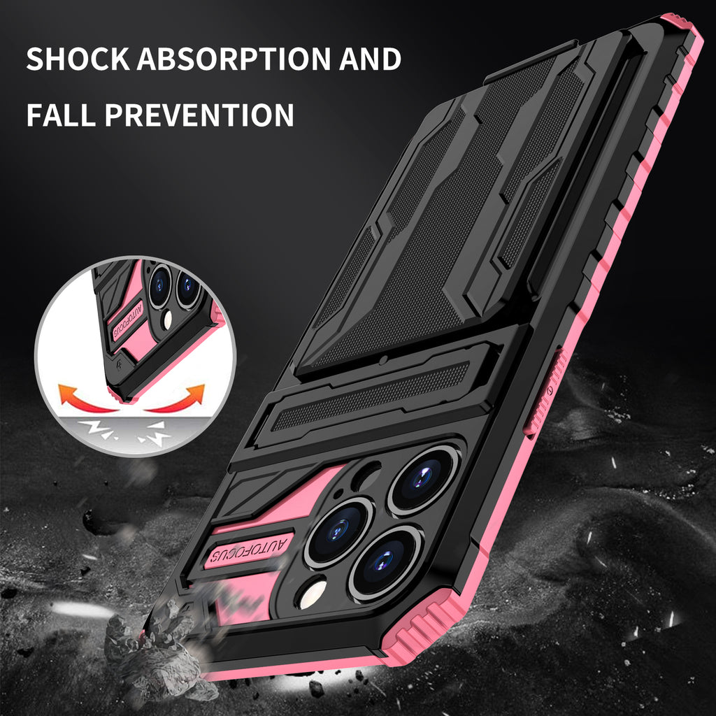iPhone 13 Pro Heavy Duty Kickstand Case Shockproof Card Holder PINK