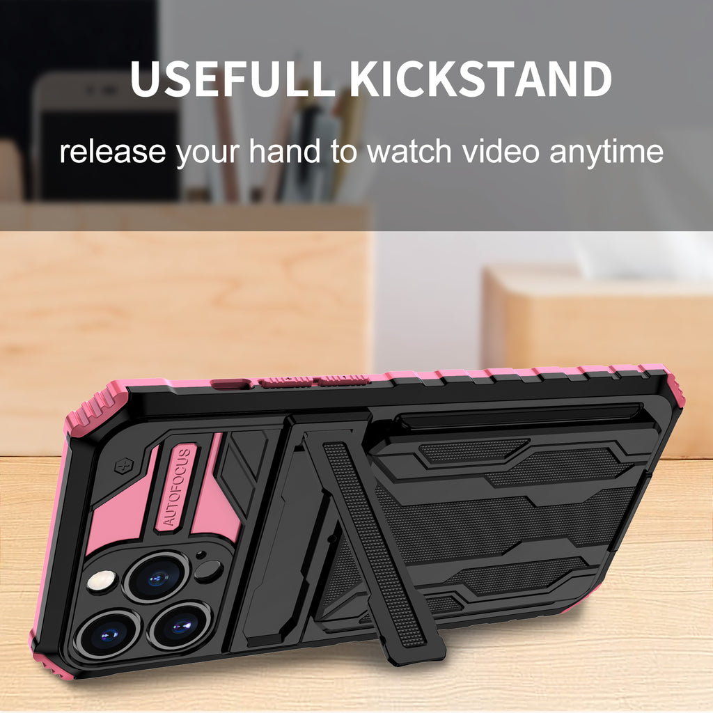 iPhone 13 Pro Heavy Duty Kickstand Case Shockproof Card Holder PINK