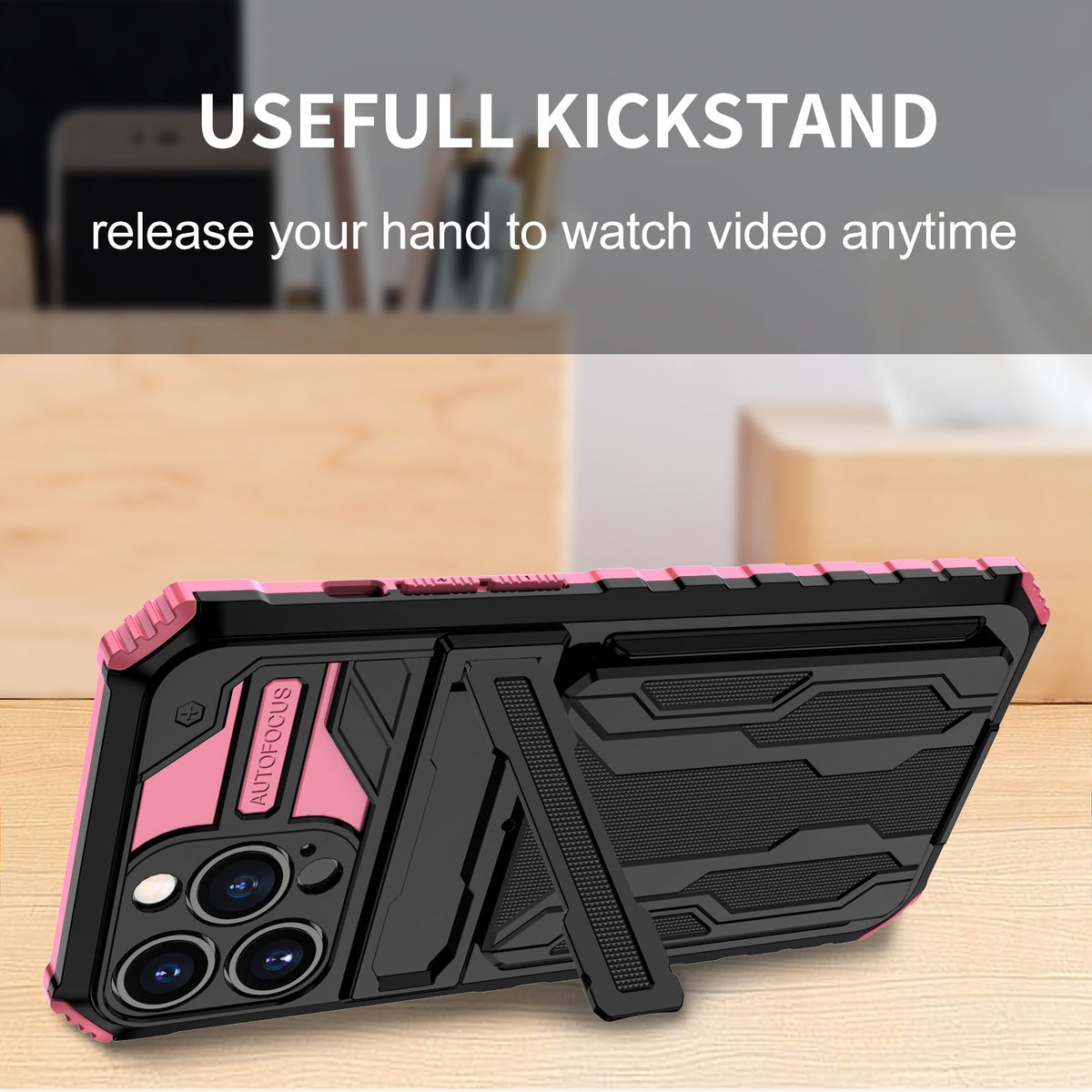 iPhone 13 Pro Heavy Duty Kickstand Case Shockproof Card Holder PINK