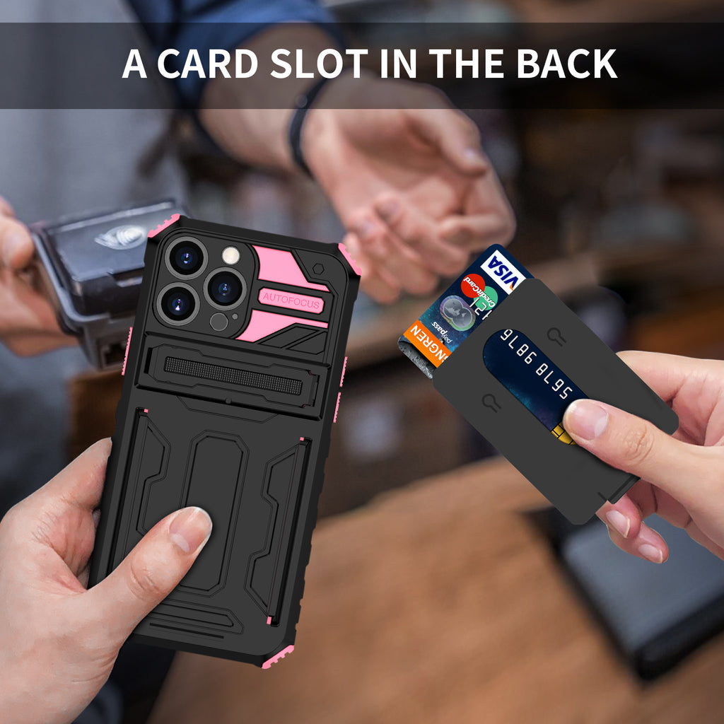 iPhone 13 Pro Heavy Duty Kickstand Case Shockproof Card Holder PINK