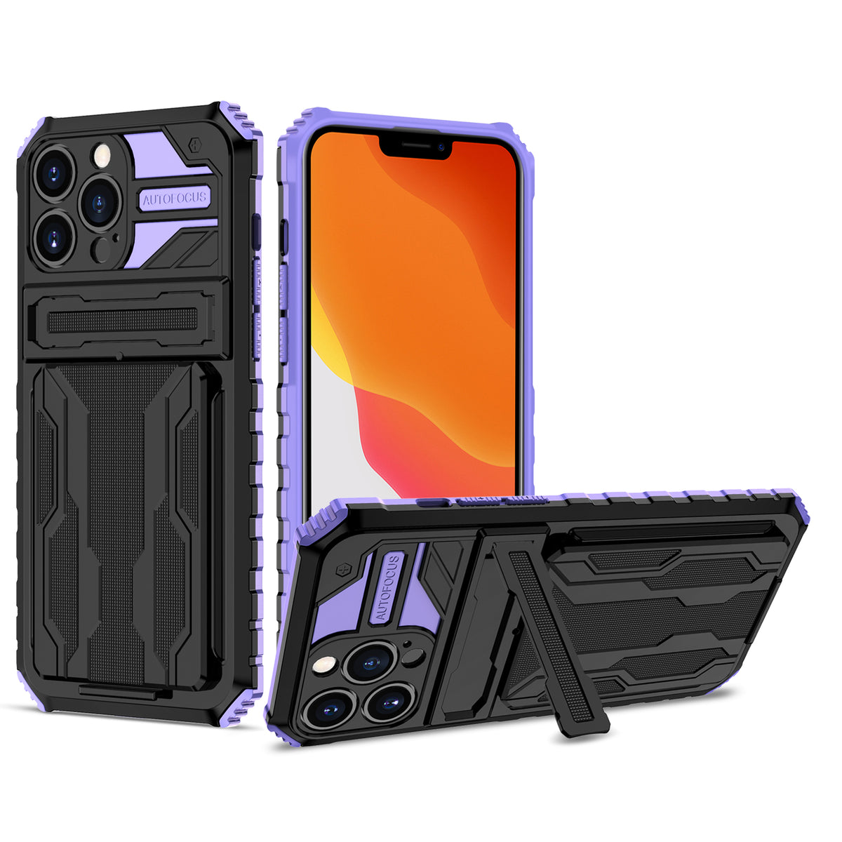 iPhone 13 Pro Heavy Duty Kickstand Case Shockproof Card Holder PURPLE