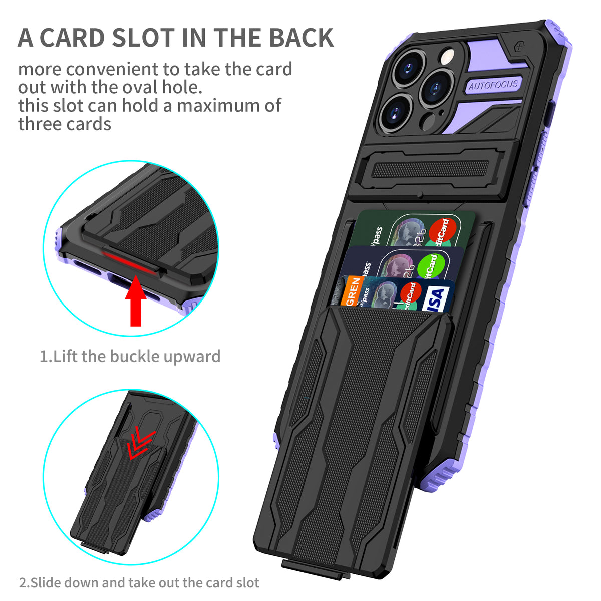iPhone 13 Pro Heavy Duty Kickstand Case Shockproof Card Holder PURPLE