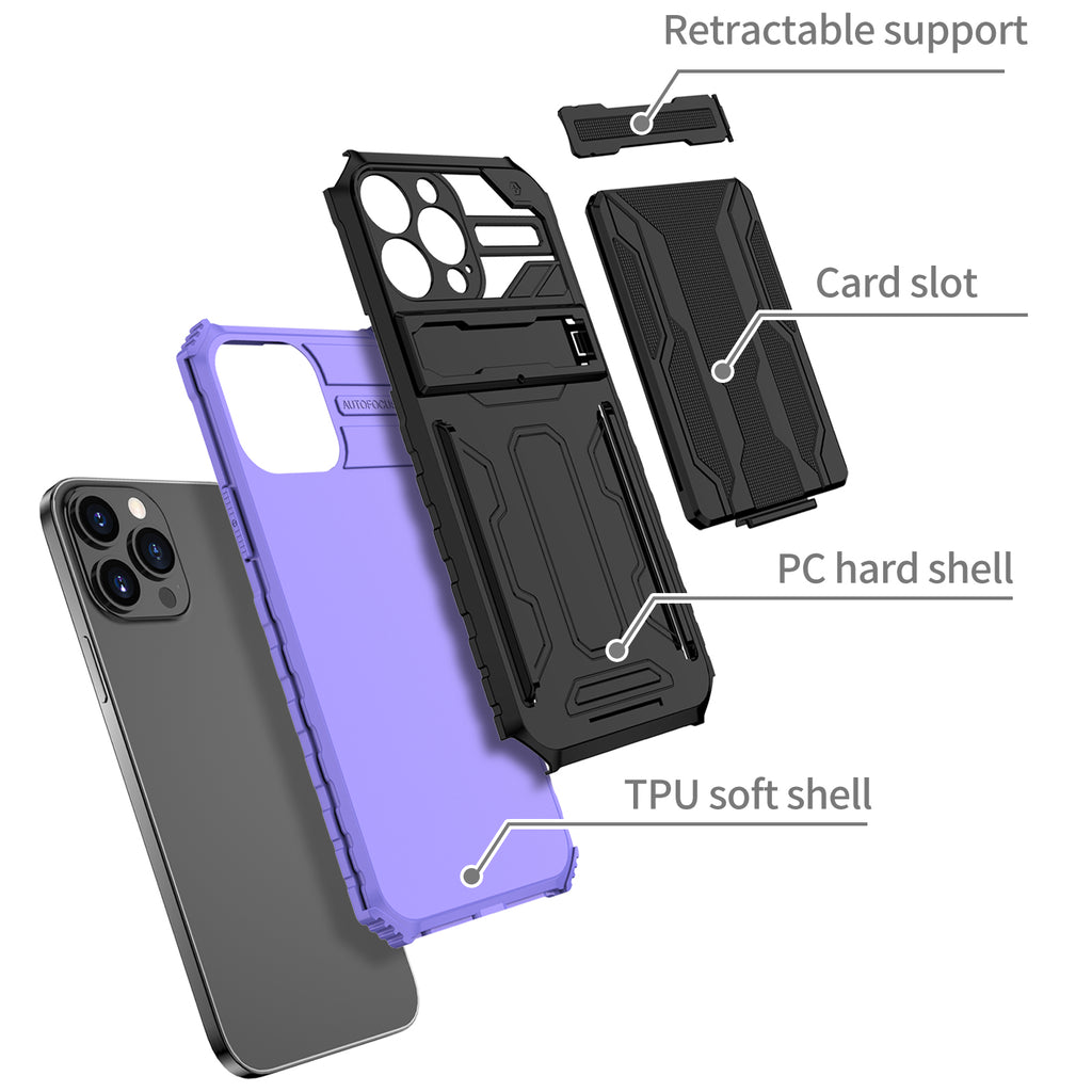 iPhone 13 Pro Heavy Duty Kickstand Case Shockproof Card Holder PURPLE