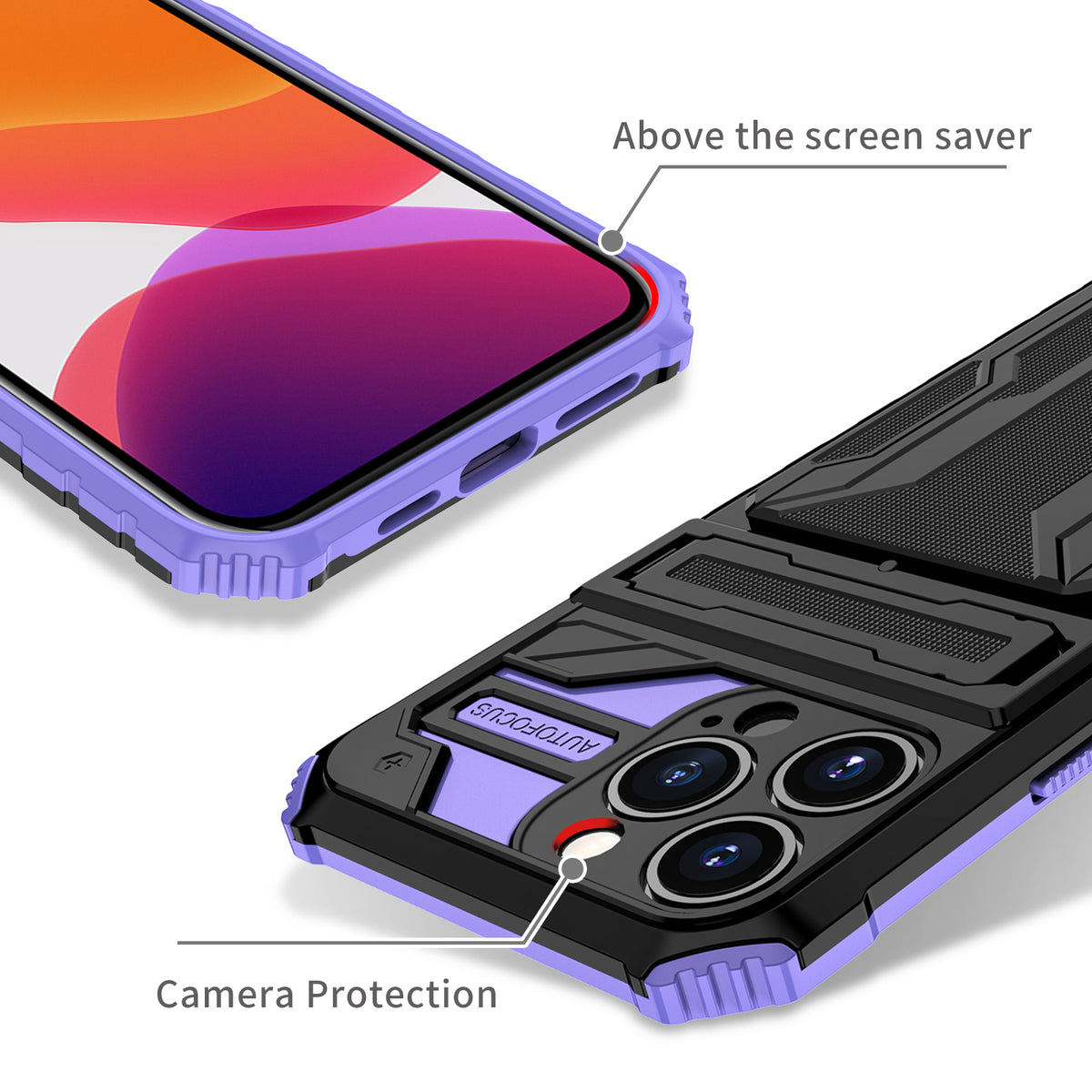 iPhone 13 Pro Heavy Duty Kickstand Case Shockproof Card Holder PURPLE