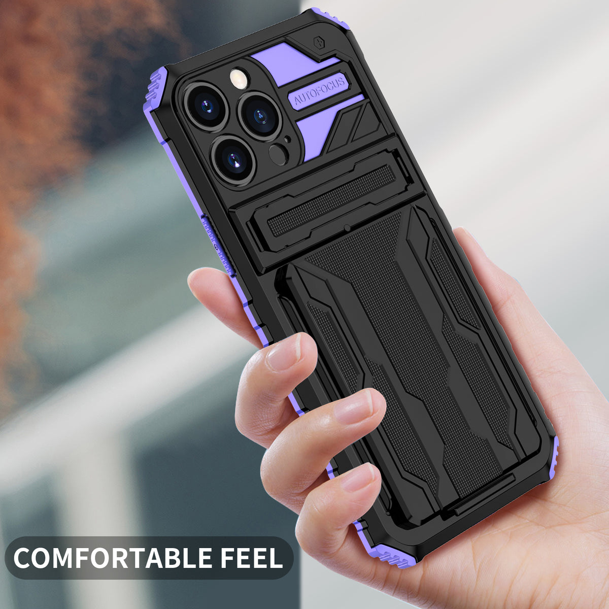 iPhone 13 Pro Heavy Duty Kickstand Case Shockproof Card Holder PURPLE