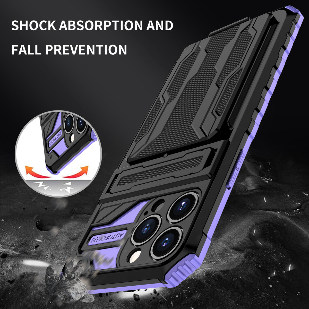 iPhone 13 Pro Heavy Duty Kickstand Case Shockproof Card Holder PURPLE