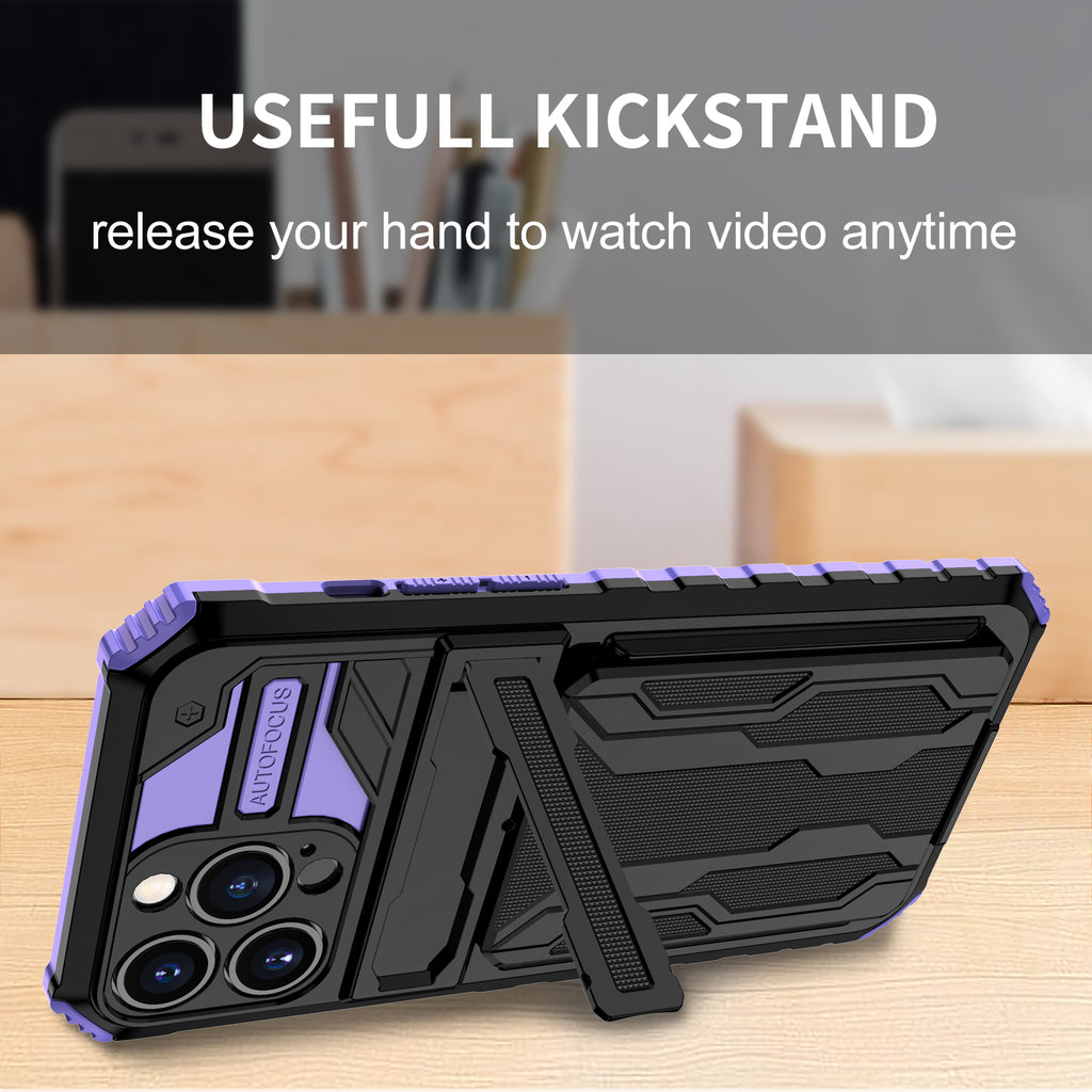 iPhone 13 Pro Heavy Duty Kickstand Case Shockproof Card Holder PURPLE