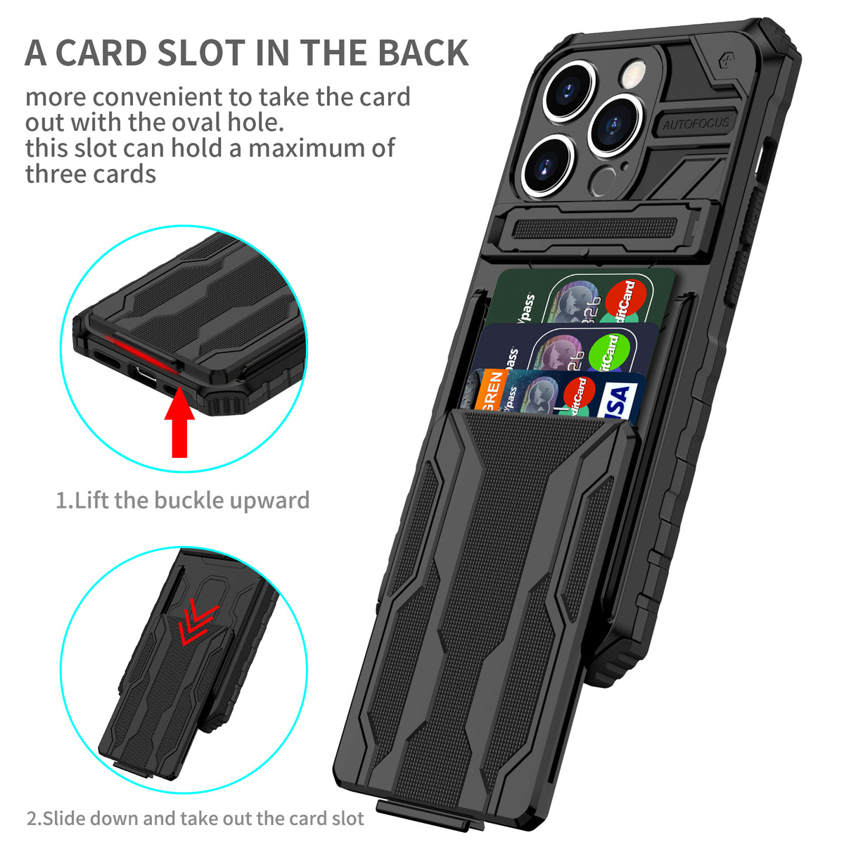 iPhone 14 Pro Heavy Duty Kickstand Case Shockproof Card Holder BLACK