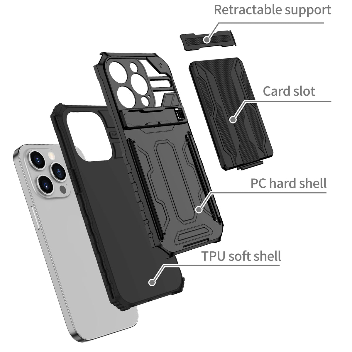 iPhone 14 Pro Heavy Duty Kickstand Case Shockproof Card Holder BLACK