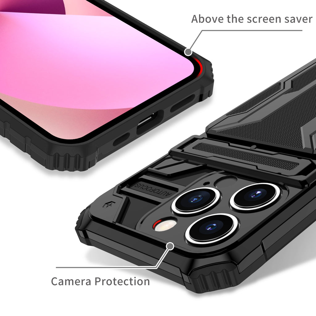 iPhone 14 Pro Heavy Duty Kickstand Case Shockproof Card Holder BLACK