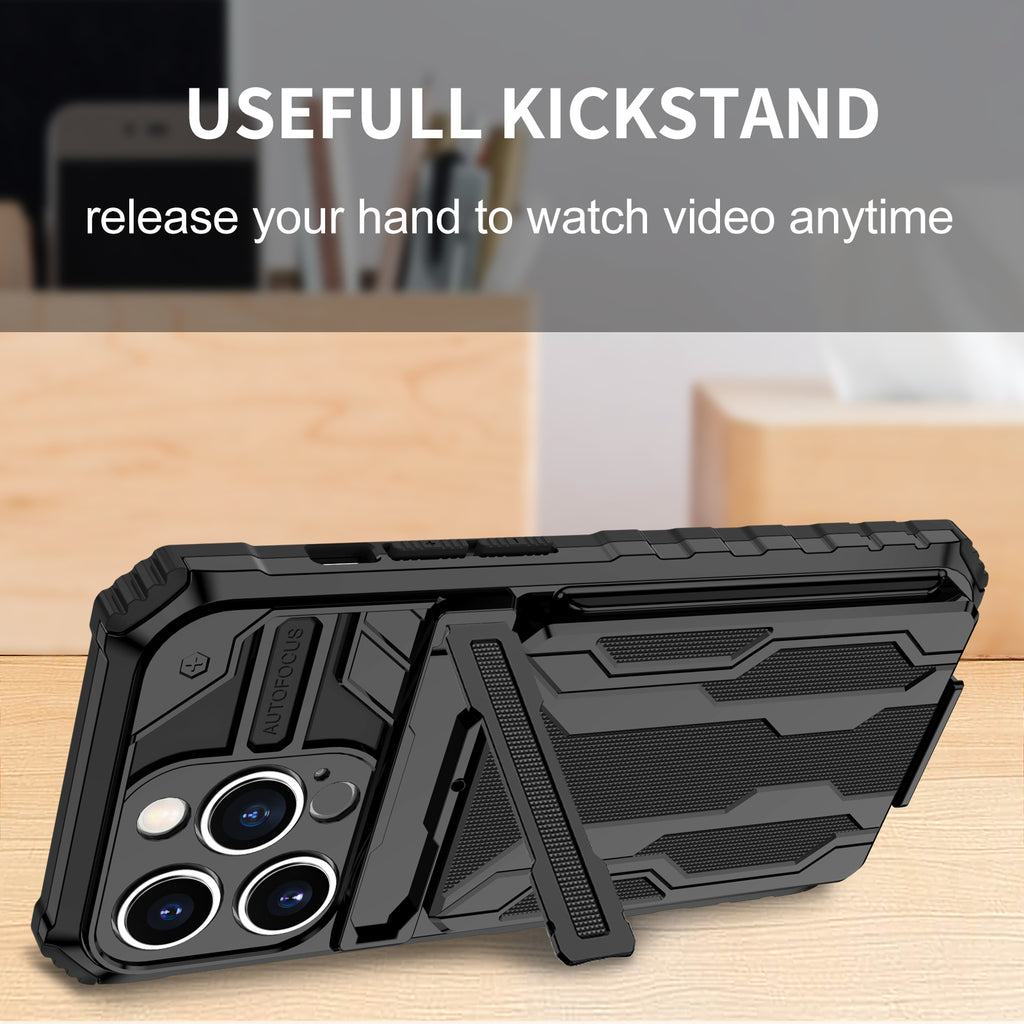 iPhone 14 Pro Heavy Duty Kickstand Case Shockproof Card Holder BLACK