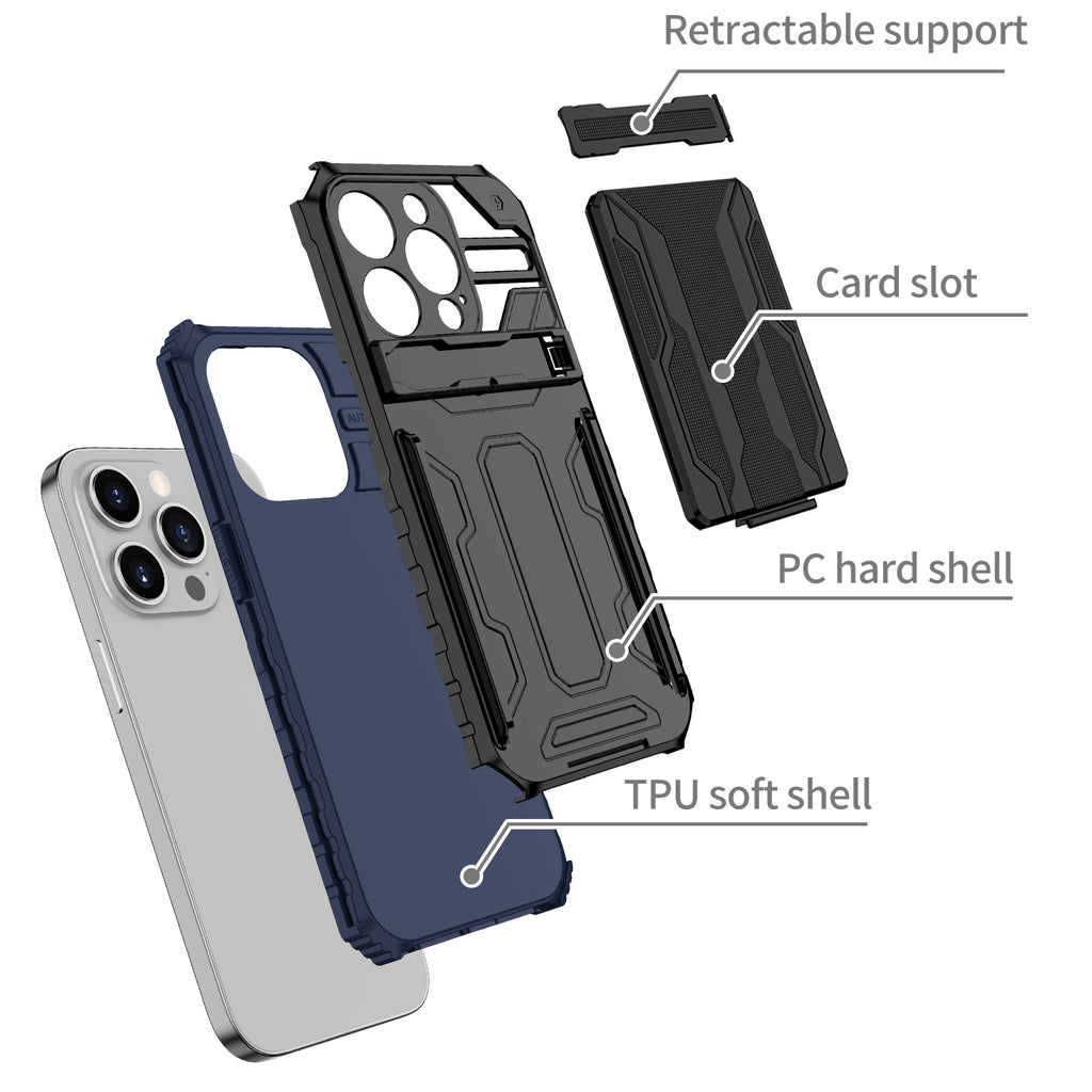 iPhone 14 Pro Heavy Duty Kickstand Case Shockproof Card Holder BLUE