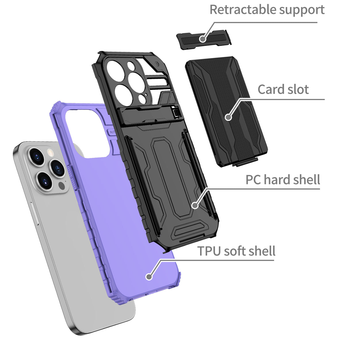 iPhone 14 Pro Heavy Duty Kickstand Case Shockproof Card Holder PURPLE