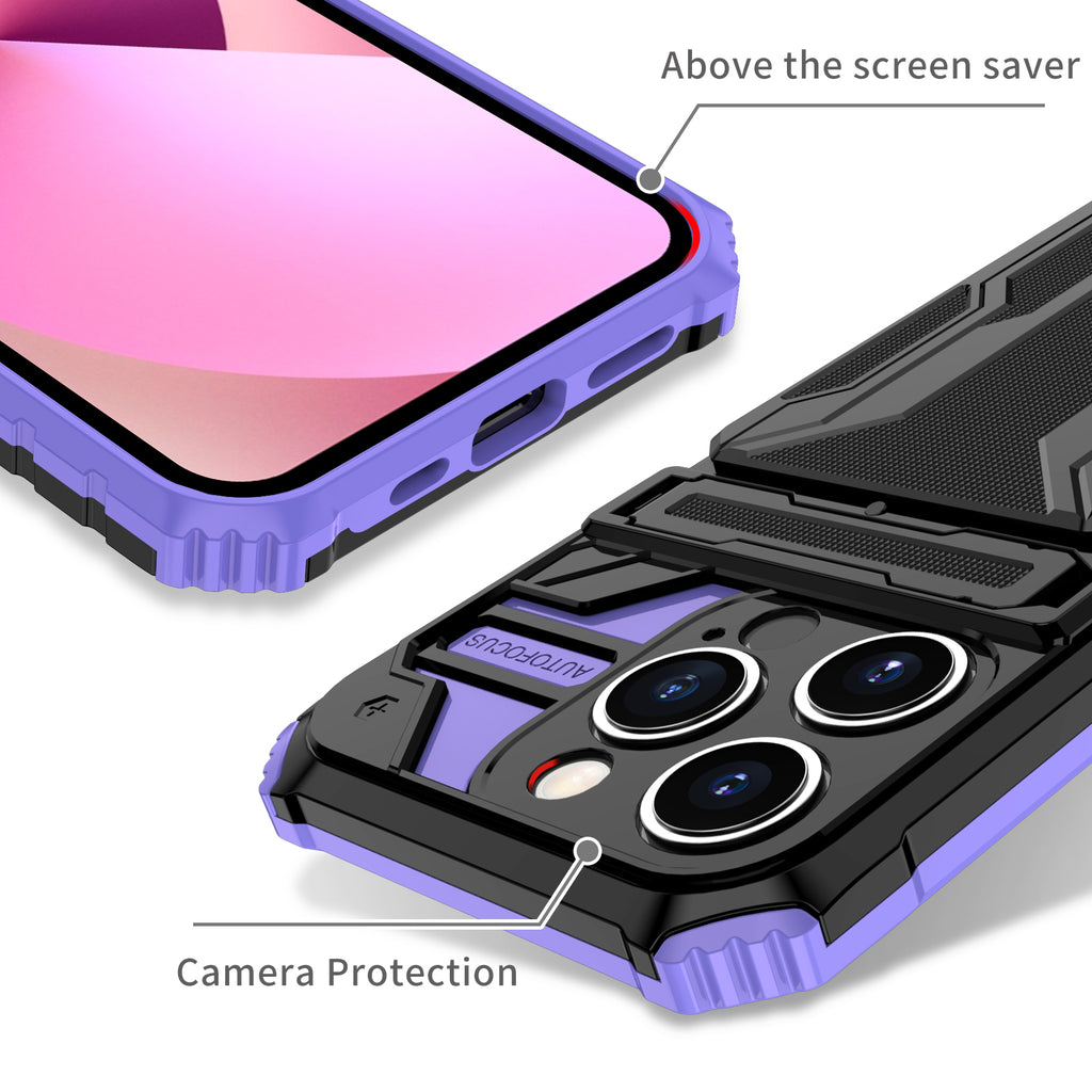 iPhone 14 Pro Heavy Duty Kickstand Case Shockproof Card Holder PURPLE