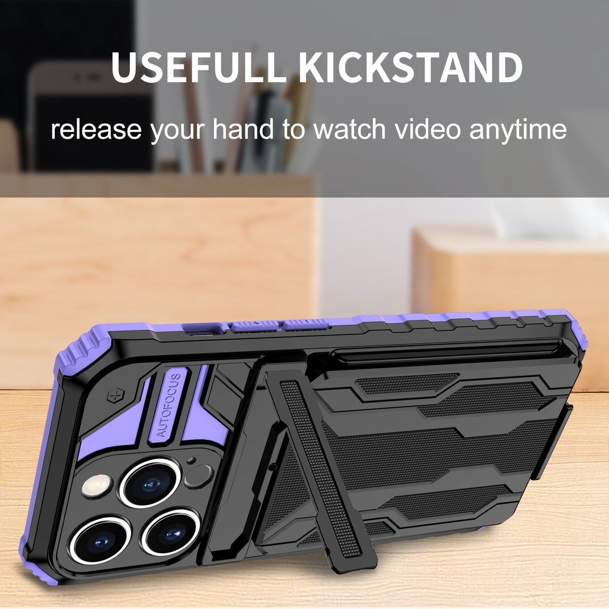 iPhone 14 Pro Heavy Duty Kickstand Case Shockproof Card Holder PURPLE
