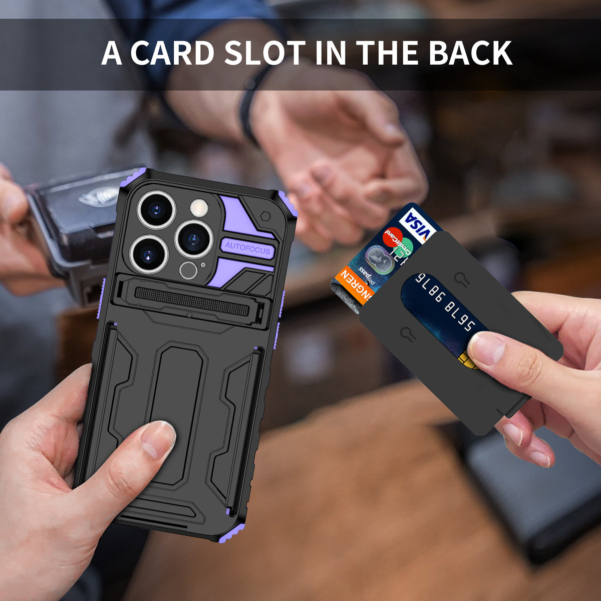 iPhone 14 Pro Heavy Duty Kickstand Case Shockproof Card Holder PURPLE