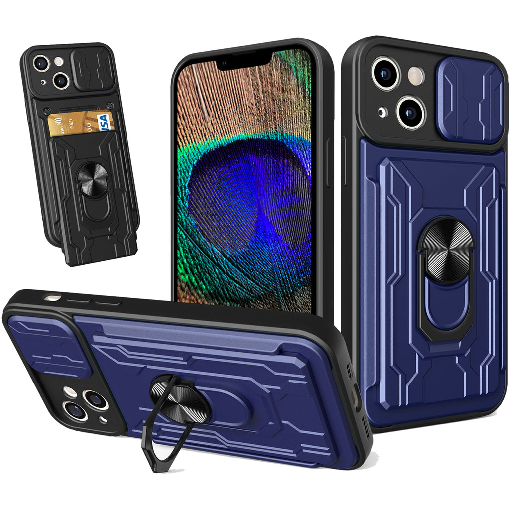 iPhone 15 Plus Rugged Shockproof Case Kickstand Card Cover BLUE