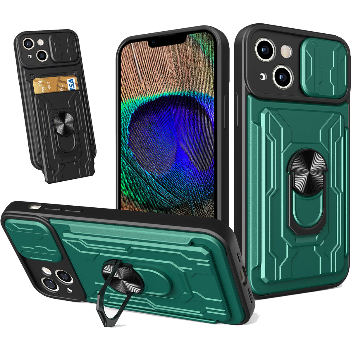 iPhone 15 Plus Rugged Shockproof Case Kickstand Card Cover GREEN