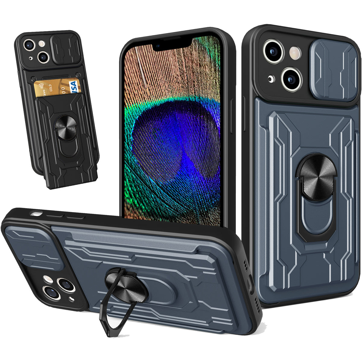 iPhone 15 Rugged Shockproof Case Kickstand Card Cover GREY