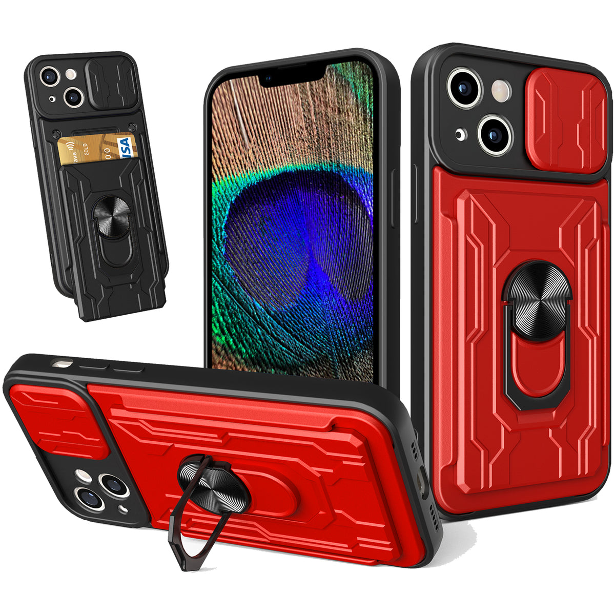 iPhone 15 Rugged Shockproof Case Kickstand Card Cover RED