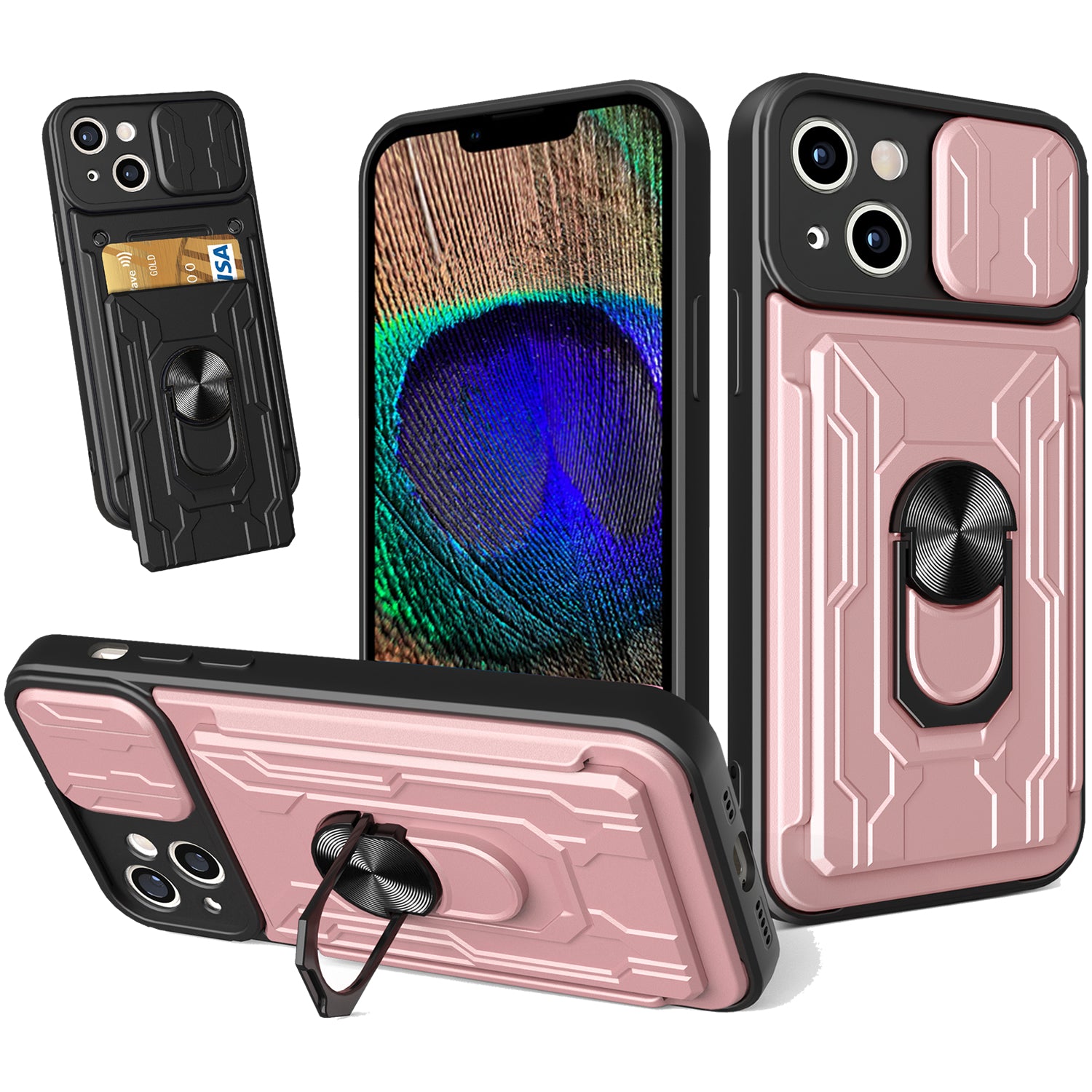 iPhone 15 Plus Rugged Shockproof Case Kickstand Card Cover PINK