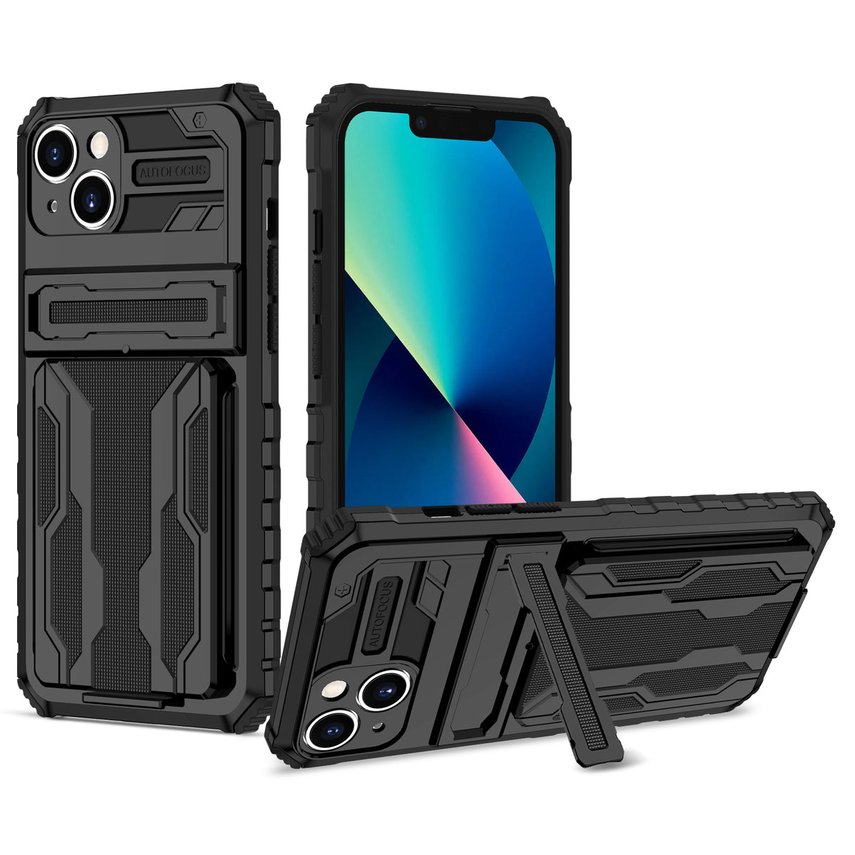 iPhone 15 Heavy Duty Kickstand Case Shockproof Card Holder BLACK