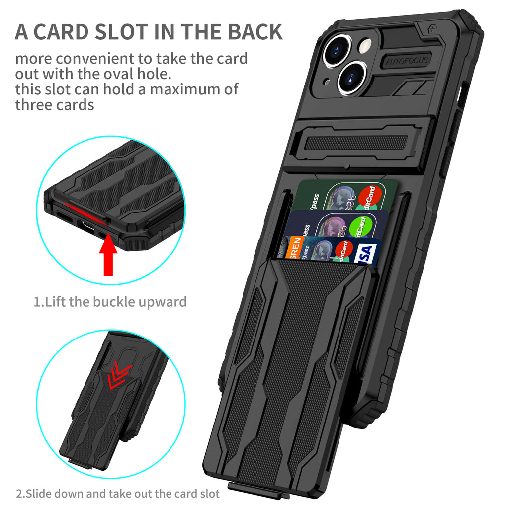 iPhone 15 Heavy Duty Kickstand Case Shockproof Card Holder BLACK