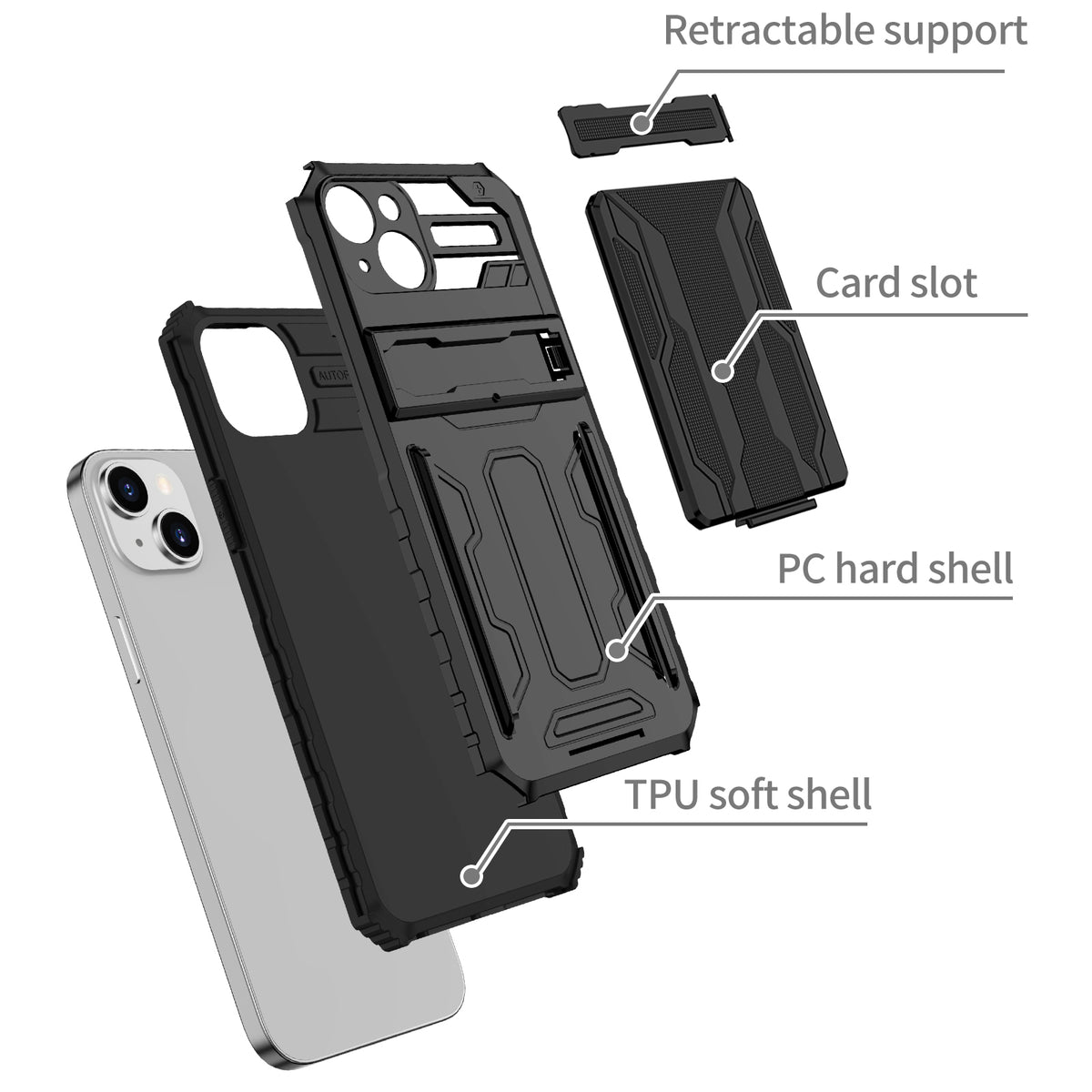 iPhone 15 Heavy Duty Kickstand Case Shockproof Card Holder BLACK