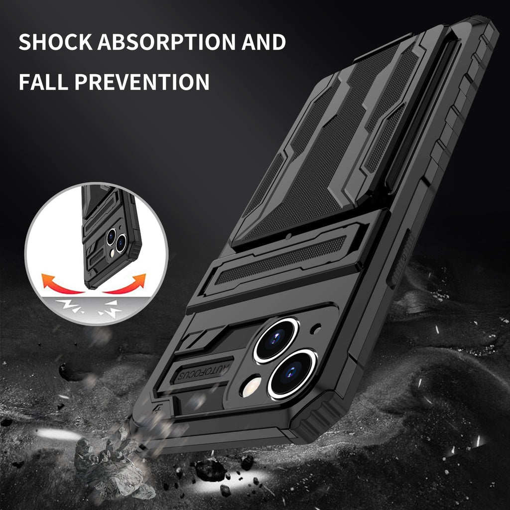 iPhone 15 Heavy Duty Kickstand Case Shockproof Card Holder BLACK