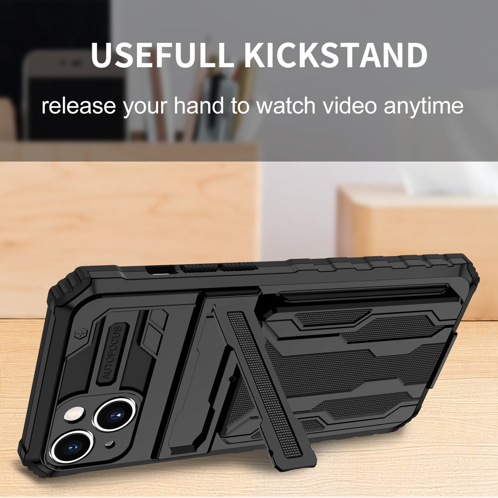 iPhone 15 Heavy Duty Kickstand Case Shockproof Card Holder BLACK
