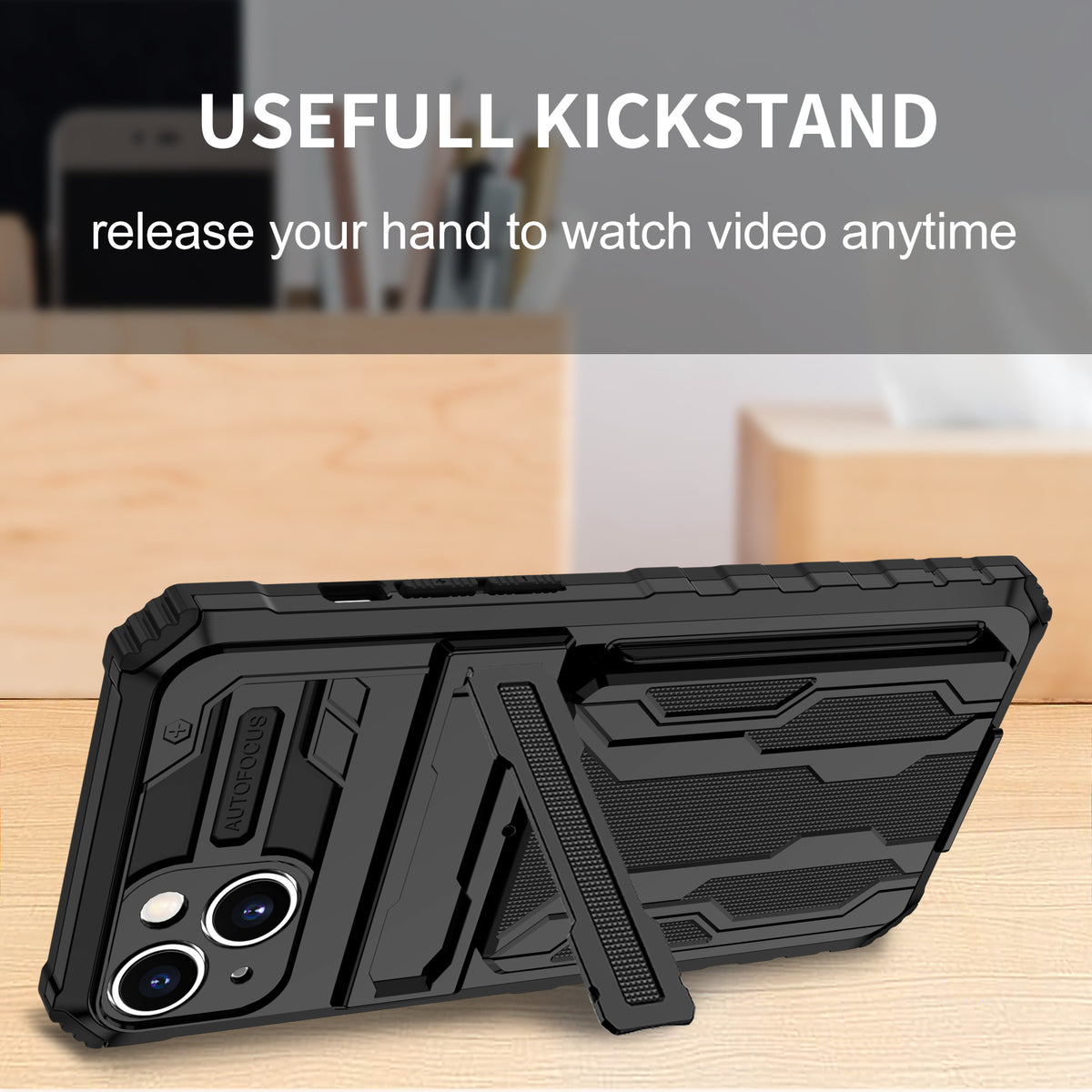 iPhone 15 Heavy Duty Kickstand Case Shockproof Card Holder BLACK