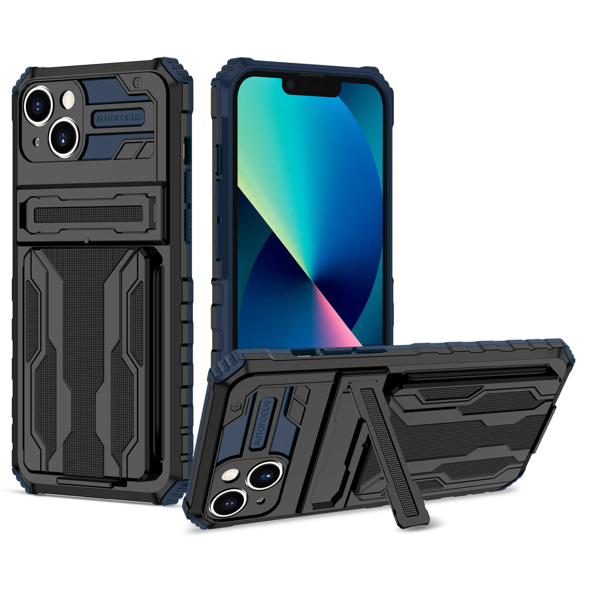 iPhone 14 Heavy Duty Kickstand Case Shockproof Card Holder BLUE