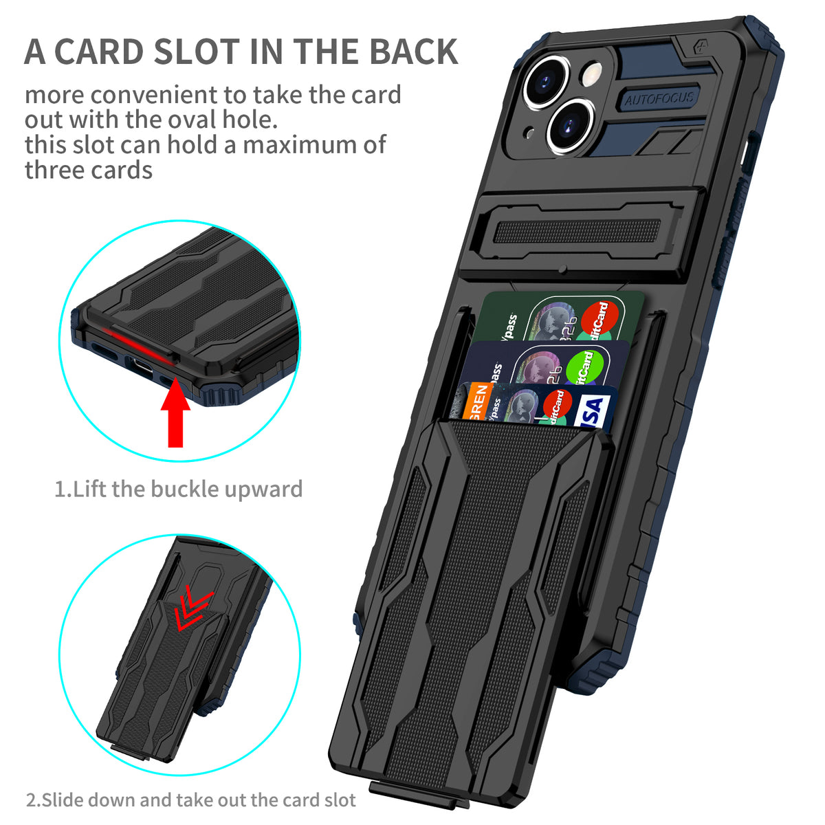 iPhone 14 Heavy Duty Kickstand Case Shockproof Card Holder BLUE