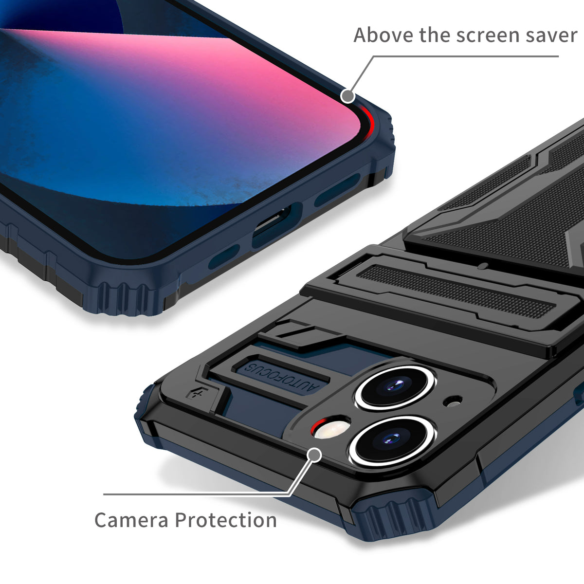 iPhone 14 Heavy Duty Kickstand Case Shockproof Card Holder BLUE