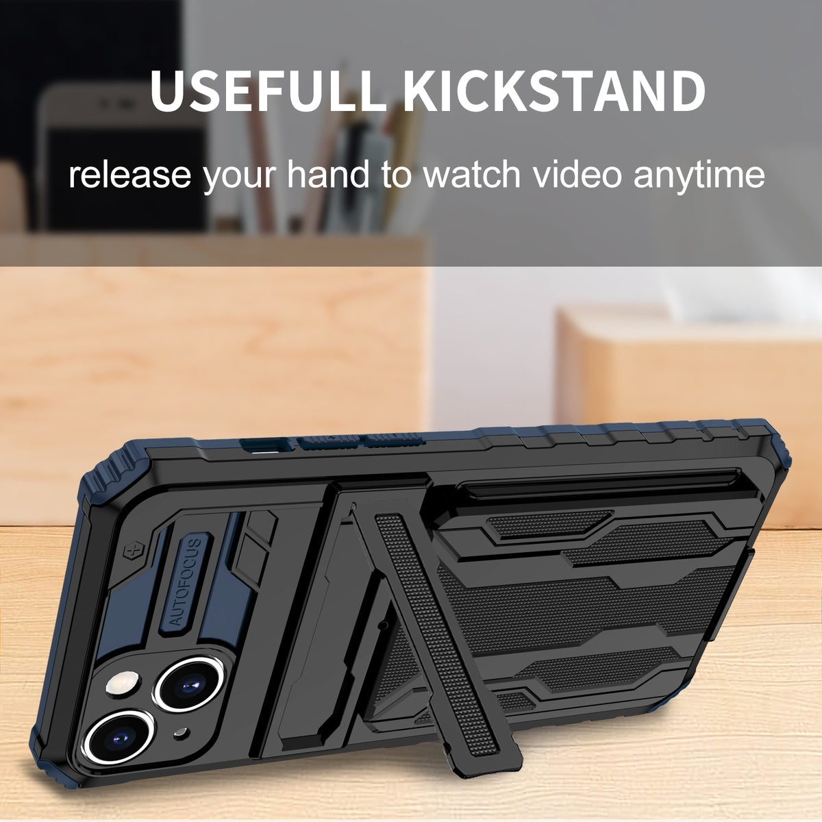 iPhone 14 Heavy Duty Kickstand Case Shockproof Card Holder BLUE