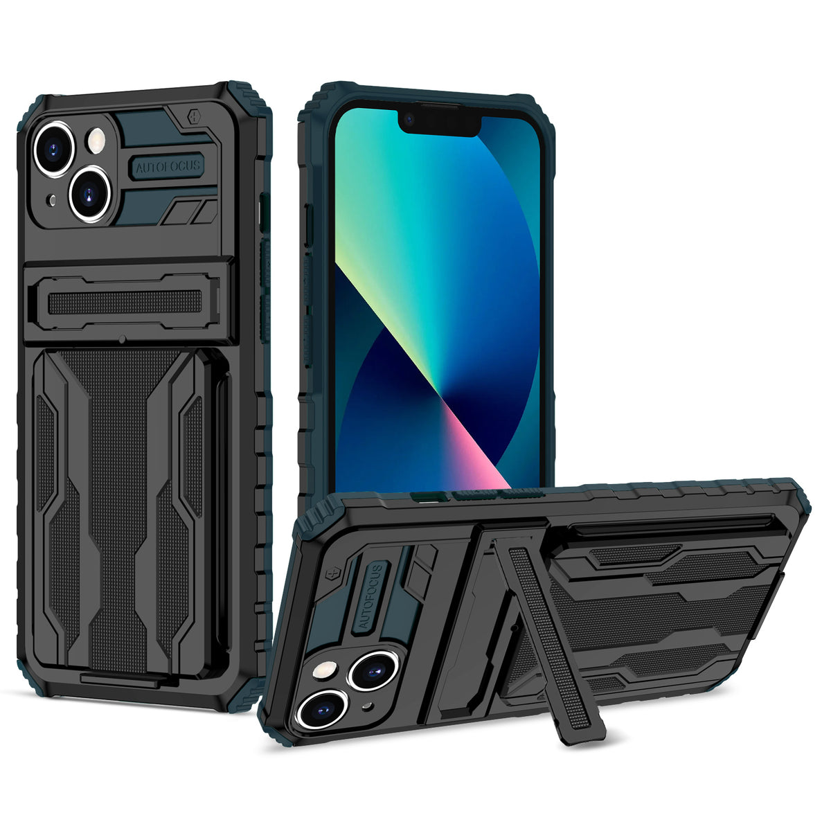 iPhone 13 Heavy Duty Kickstand Case Shockproof Card Holder GREEN