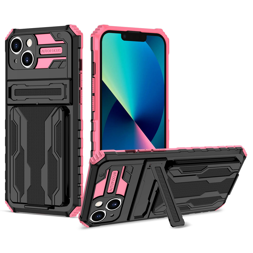 iPhone 15 Heavy Duty Kickstand Case Shockproof Card Holder PINK