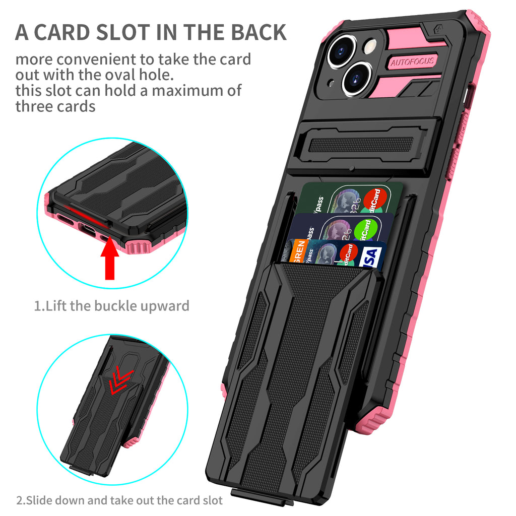 iPhone 15 Heavy Duty Kickstand Case Shockproof Card Holder PINK