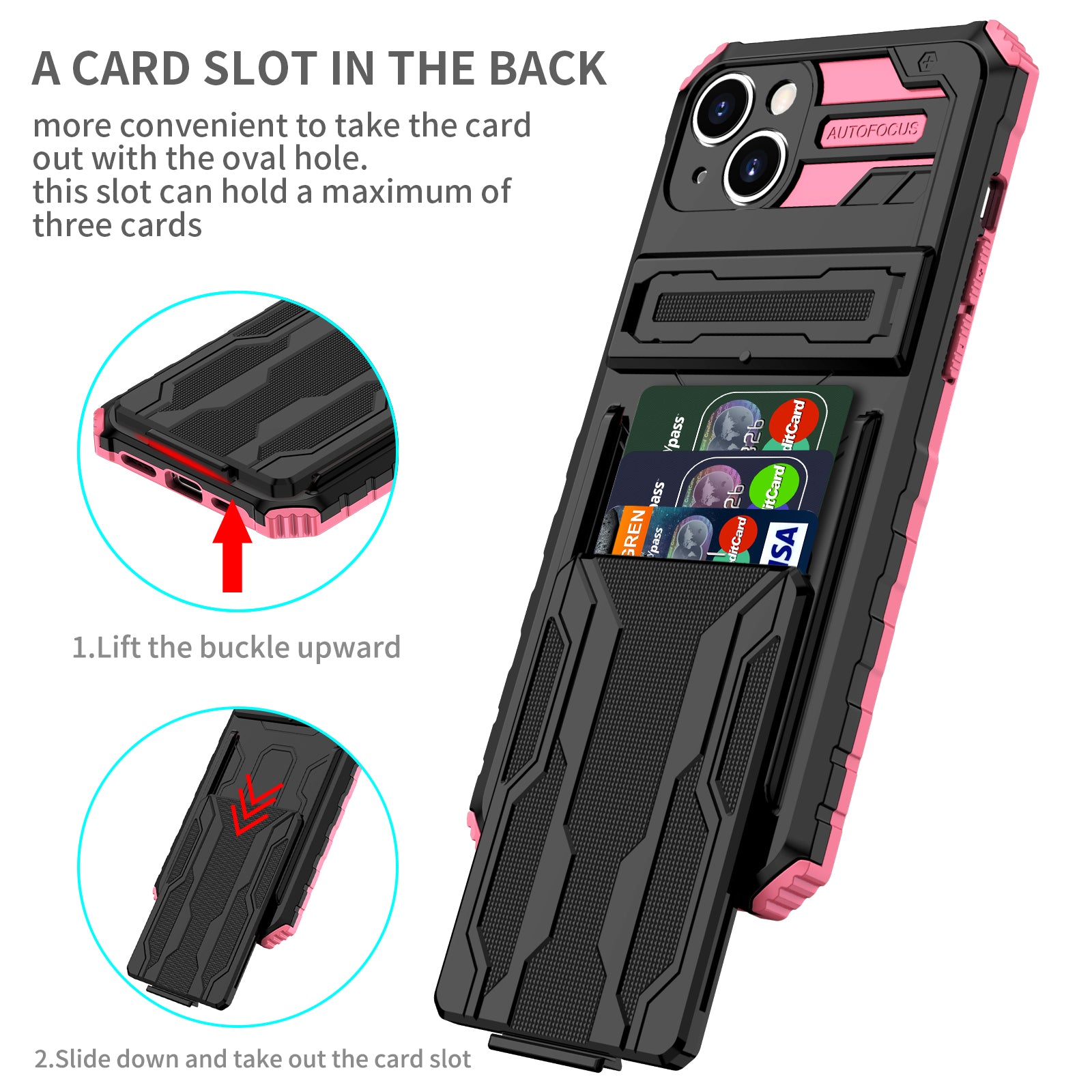 iPhone 15 Heavy Duty Kickstand Case Shockproof Card Holder PINK
