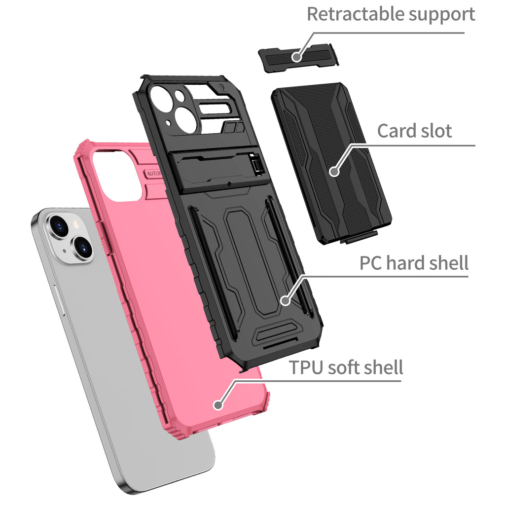 iPhone 15 Heavy Duty Kickstand Case Shockproof Card Holder PINK