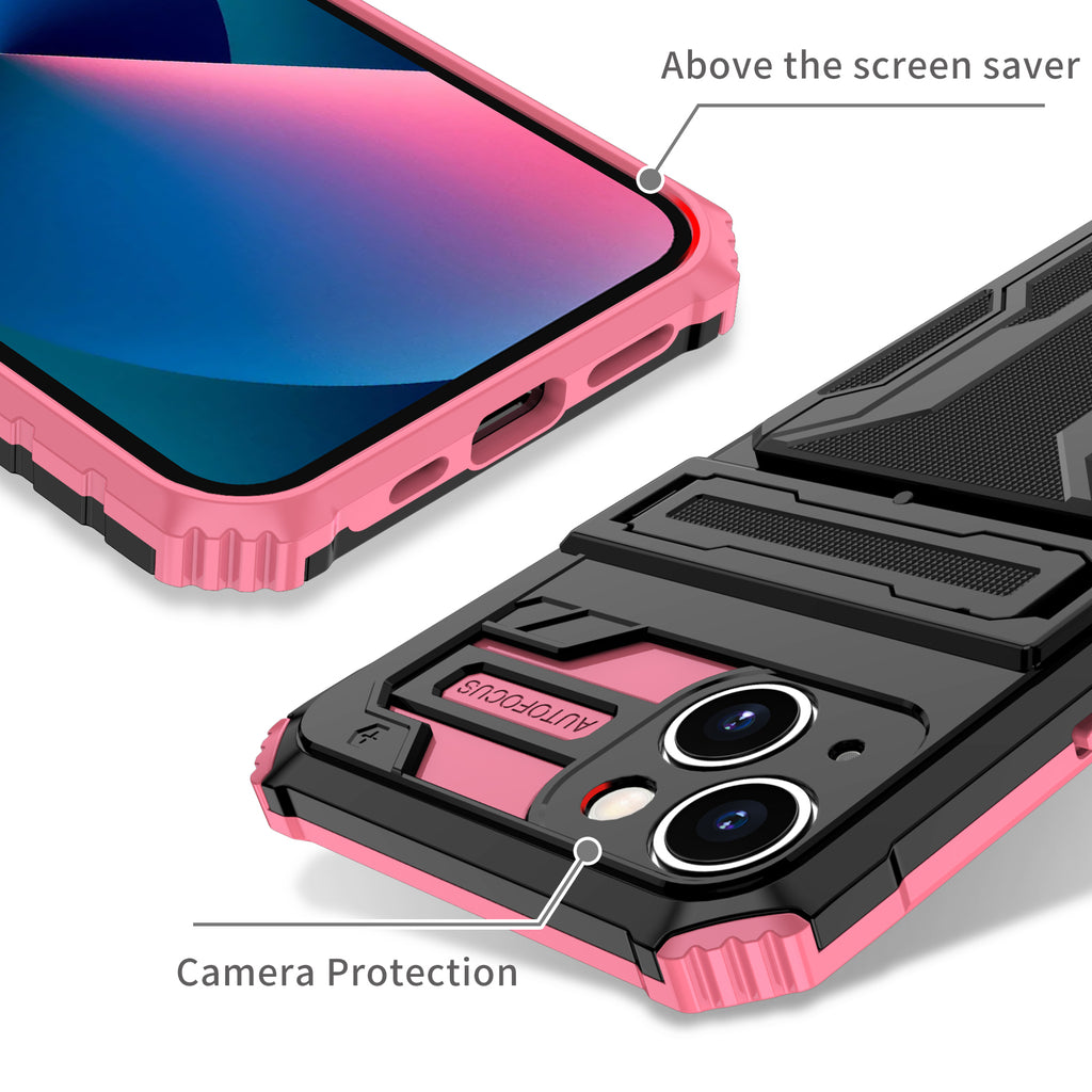 iPhone 15 Heavy Duty Kickstand Case Shockproof Card Holder PINK