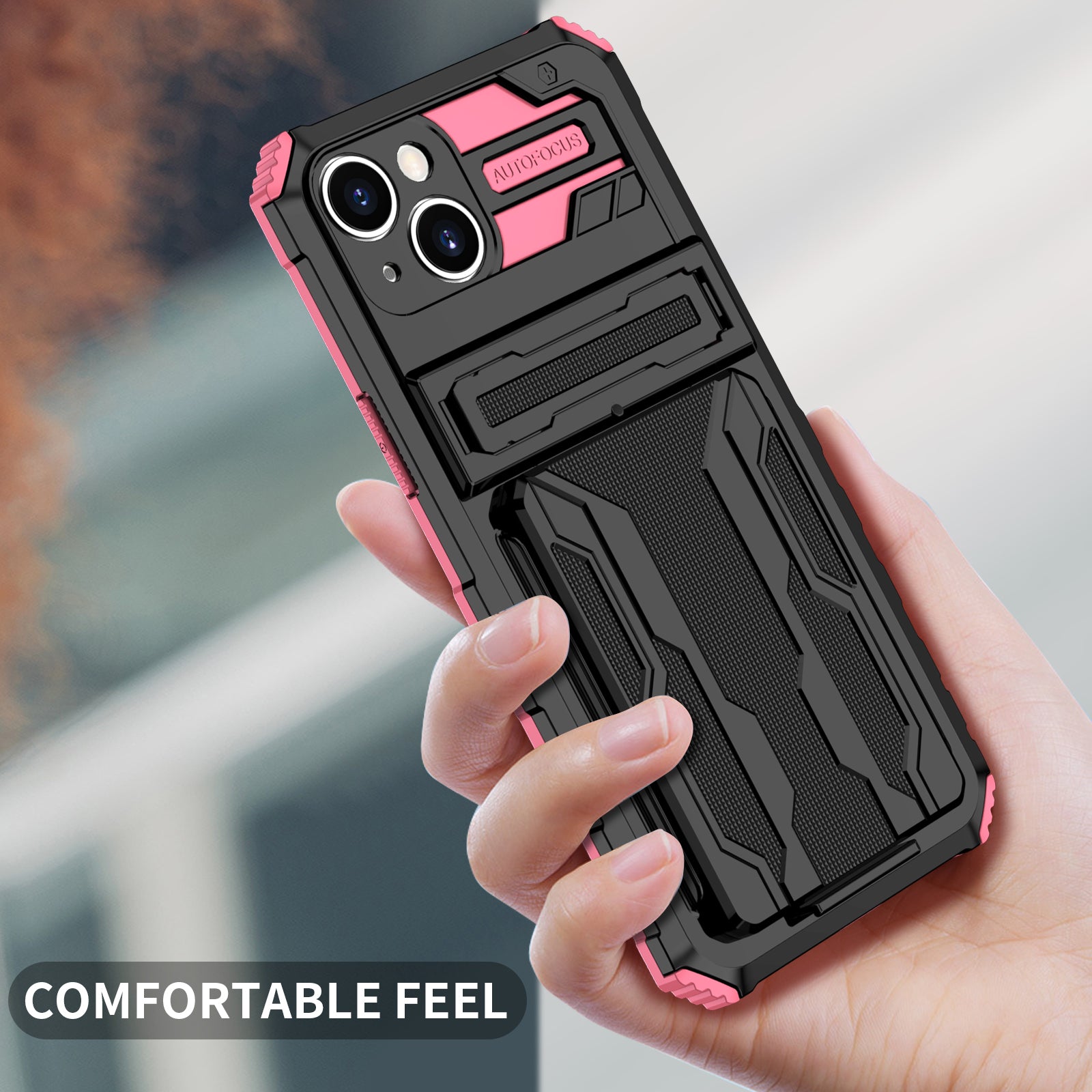 iPhone 15 Heavy Duty Kickstand Case Shockproof Card Holder PINK