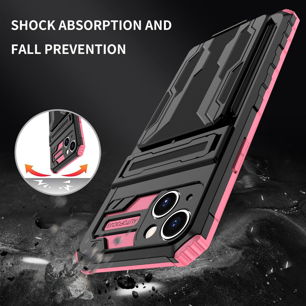 iPhone 15 Heavy Duty Kickstand Case Shockproof Card Holder PINK
