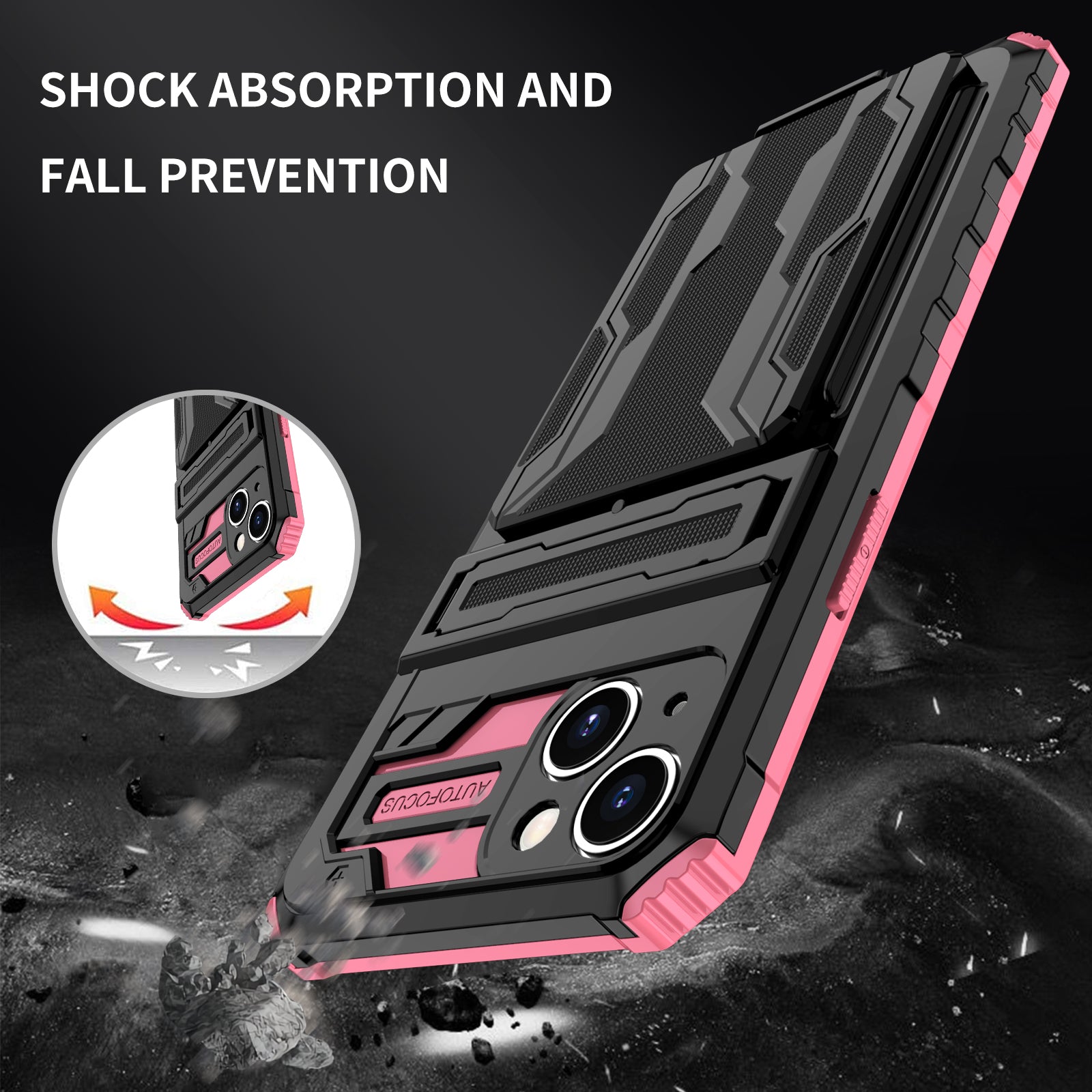 iPhone 15 Heavy Duty Kickstand Case Shockproof Card Holder PINK